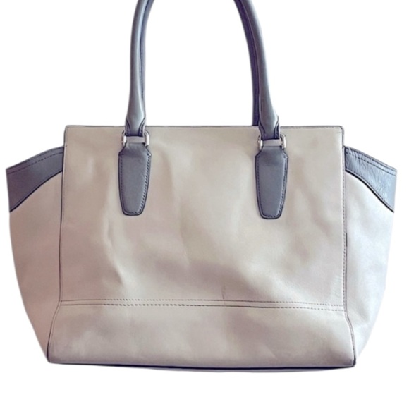 Coach Two-Tone Beige and Light Gray Leather Shoulder Tote with Tassels- Candace - Picture 2 of 12